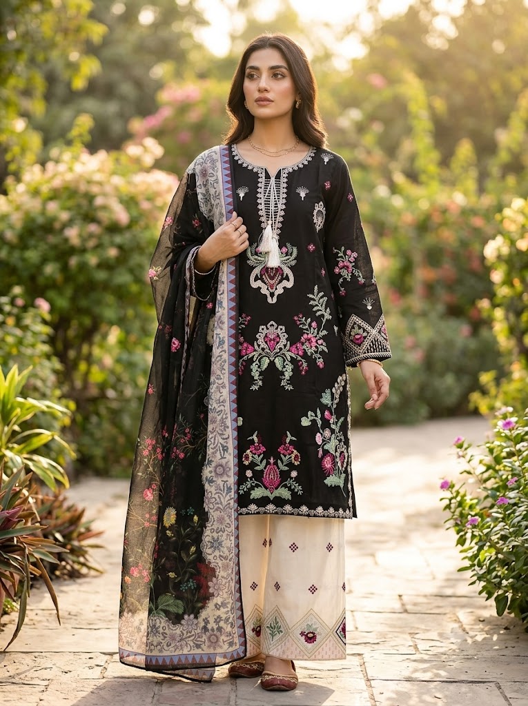 Woman wearing a black embroidered outfit with a white dupatta in a garden setting