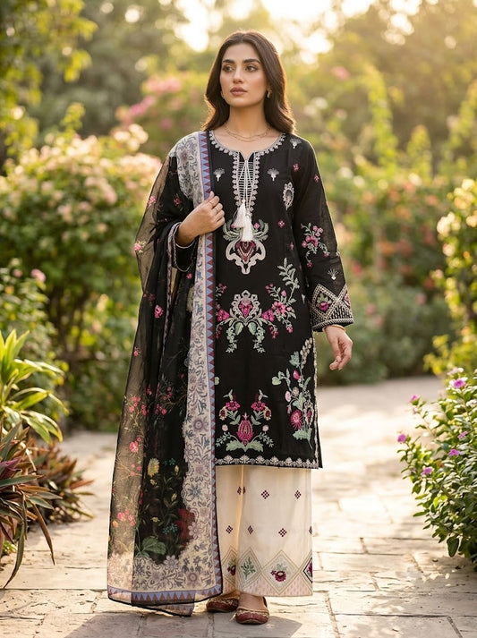 Woman wearing a black embroidered outfit with a white dupatta in a garden setting