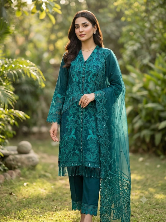 Woman wearing elegant cotton 3 piece suit