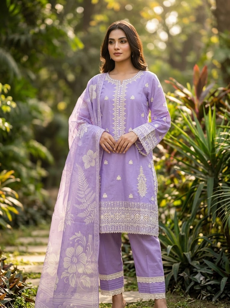 Woman wearing a lavender traditional outfit with white embroidery in a garden setting