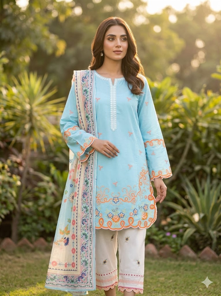 Woman in a light blue embroidered outfit standing outdoors with greenery in the background