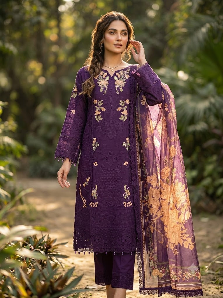 Woman wearing a purple embroidered outfit with a matching dupatta in a natural setting