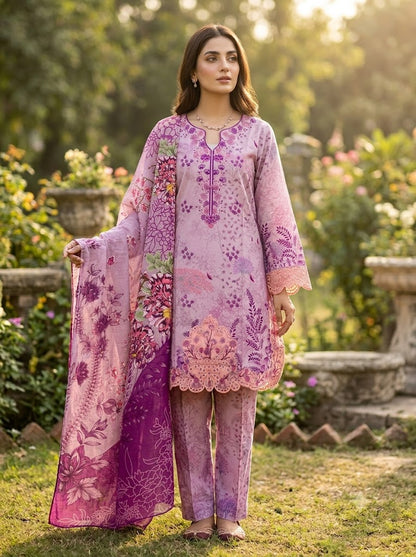 Woman in a pink and purple embroidered outfit standing in a garden.
